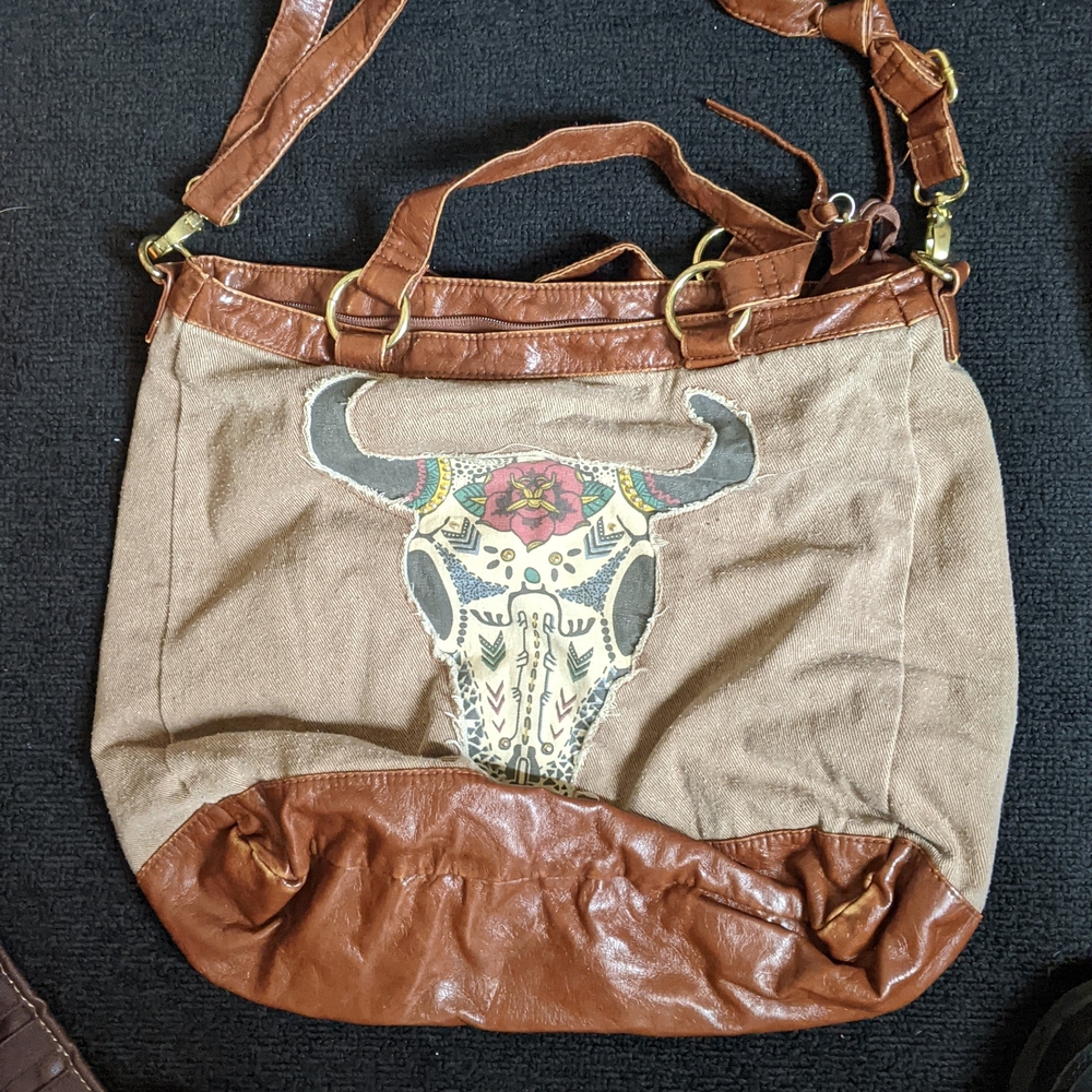 Brown and Tan Women's Bag with Bull Skull Design